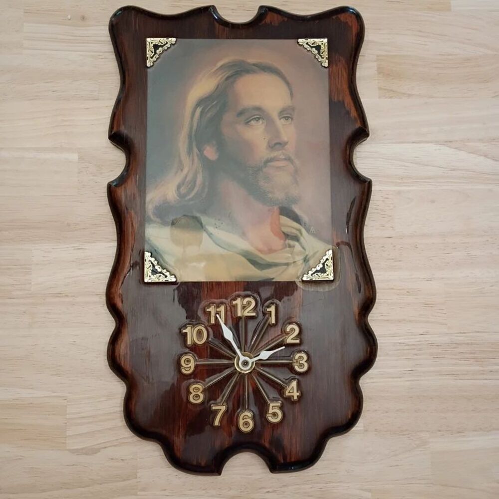 Vintage Wooden 15" Carved Jesus Wall Clock Shellacked Religious Home Decor